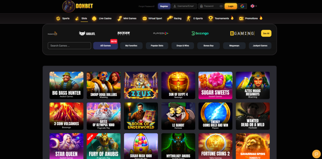 DonBet casino and sportsbook interface showing the main navigation