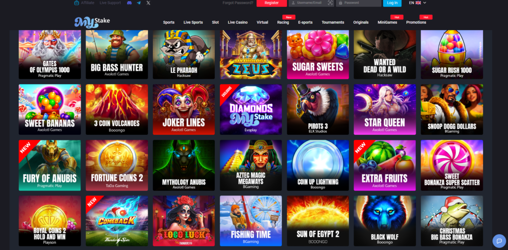 MyStake casino and sportsbook platform overview showing game categories