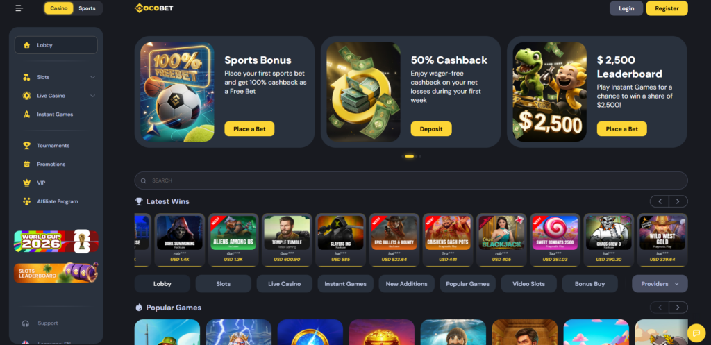 CocoBet casino lobby showing game selection and navigation