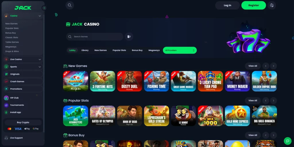 JACK casino homepage interface showing the main lobby